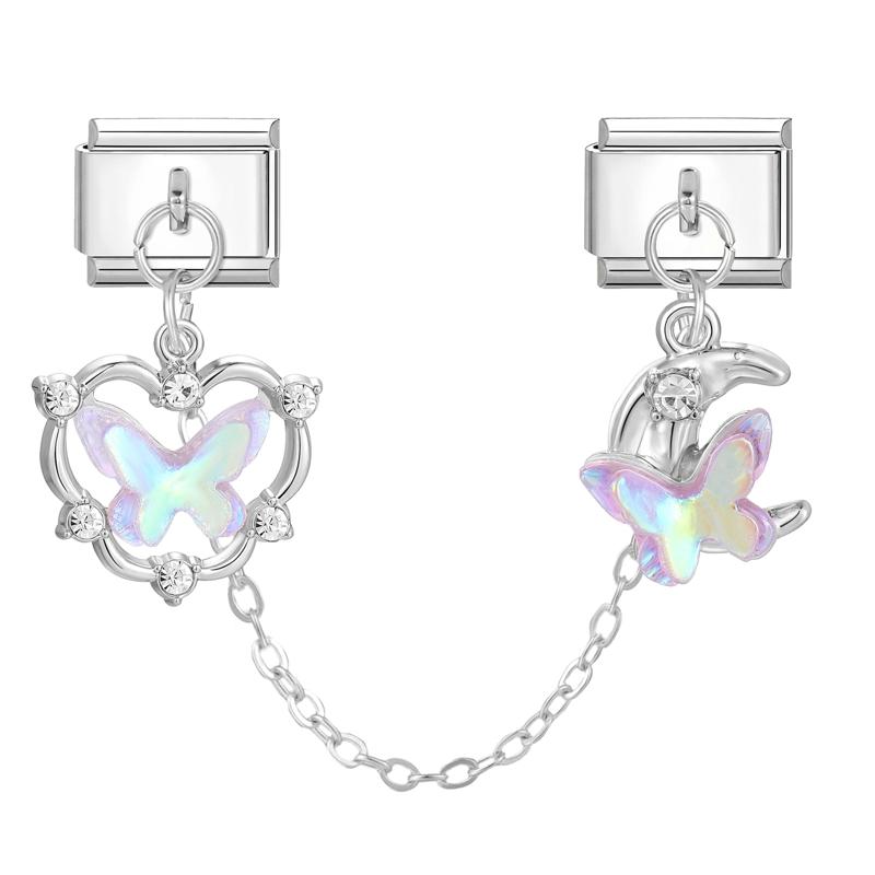 Y2K Zircon Moon Bow Star Pink Heart Tassel Chain Italian Charm Links Fit 9MM Stainless Steel Bracelet Women DIY Making Jewelry