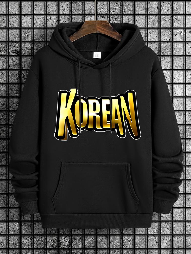 Unisex New KOREAN Letter Print Casual Sweatshirt, Fashionable Drawstring Hoodie, Autumn/Winter Top, Comfortable and Versatile Long-Sleeve Hooded Sweat