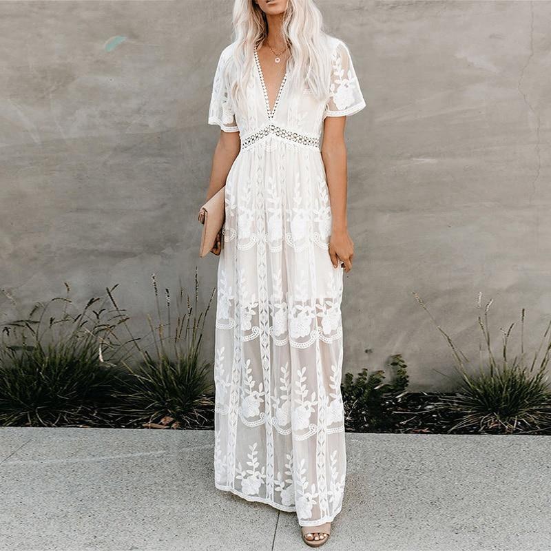 

2025 spring and summer new women s clothing, lace long-sleeved V-neck solid color chiffon summer dress S белый