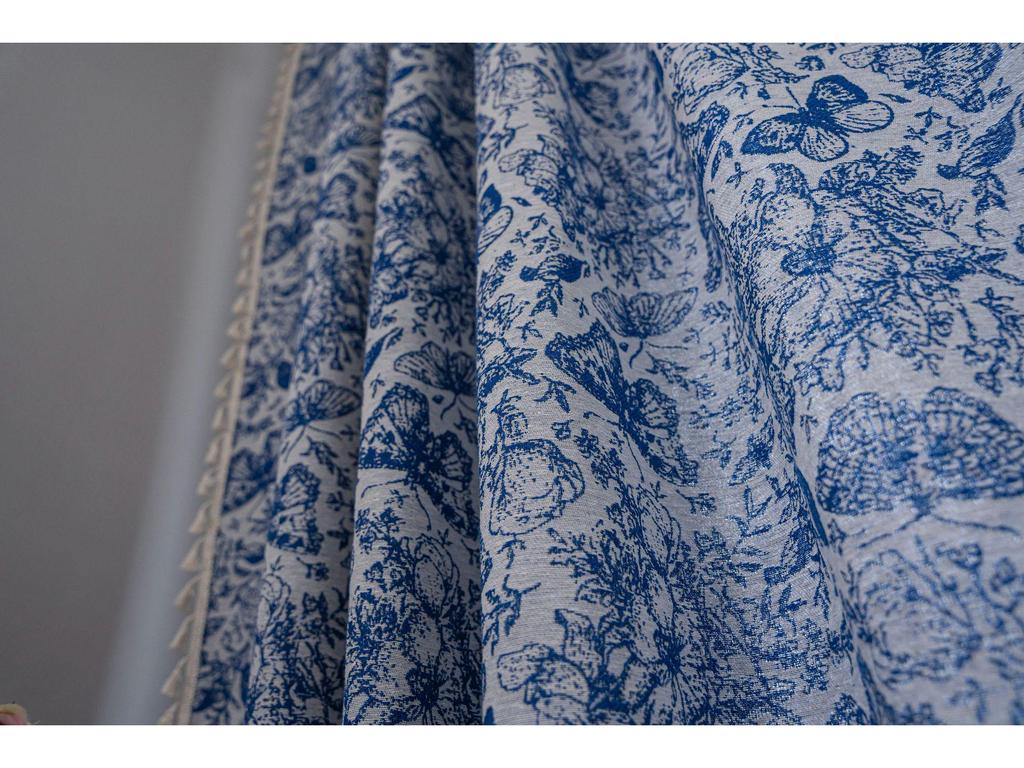 Imanqi Yun Blue Butterfly Jacquard Tassel Semi-Blackout Curtains for Kitchen or Bay Window