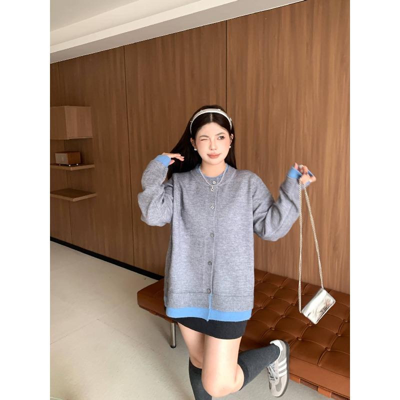 

Spring and autumn casual versatile loose crew neck knitted cardigan fashion fake two-piece color matching knitted cardigan jacket L (180-110 kg) серый