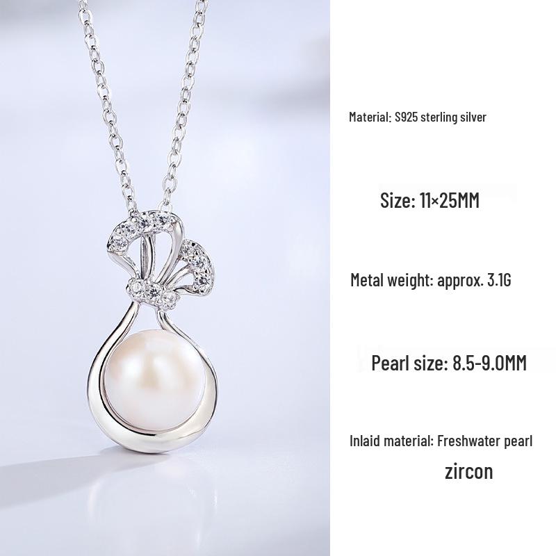 925 Sterling Silver Freshwater Pearl Lucky Bag Pendant Necklace - Stylish, Versatile Clavicle Chain 925 Sterling Silver