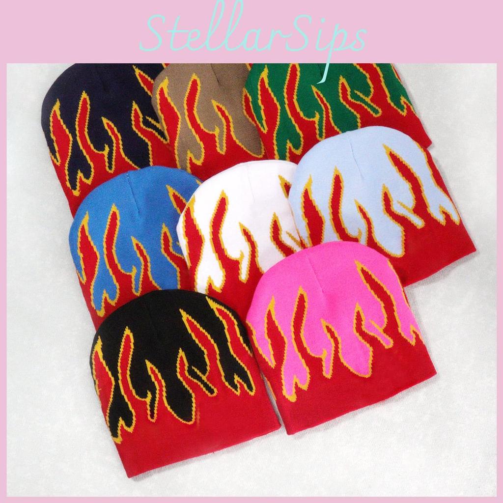 Knit Outdoor Cap With Flame Pattern And Acrylic Material For Streetwear Fall