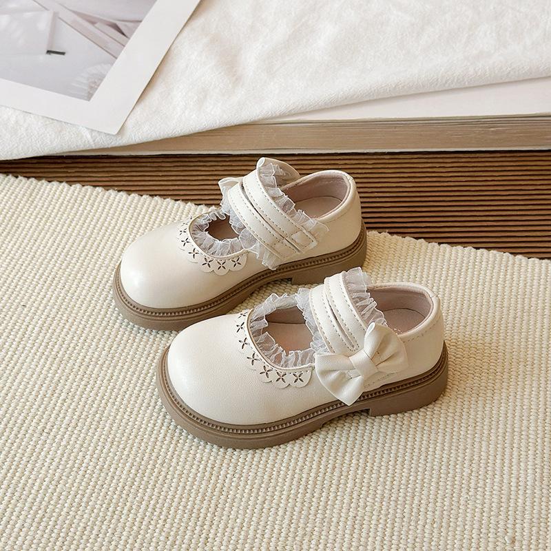 2026 Spring/Autumn Girls' Leather Bow Lace Princess Shoes - Non-slip Stylish Single Shoes for Little Girls