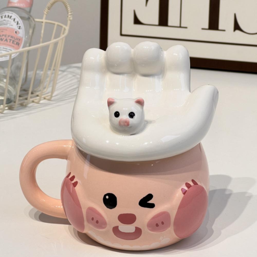 

Personalized creative ceramic mug Mobile phone holder cup Cute handheld pig with lid drinking cup Internet celebrity cup 301-400ml