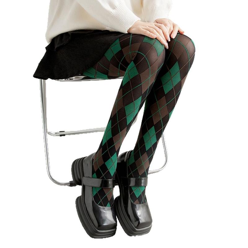 Retro British Style Green Diamond Plaid Women'S Pantyhose Fashion Color Block High Elastic Slim Spring Warm Hottie Lolita Tights