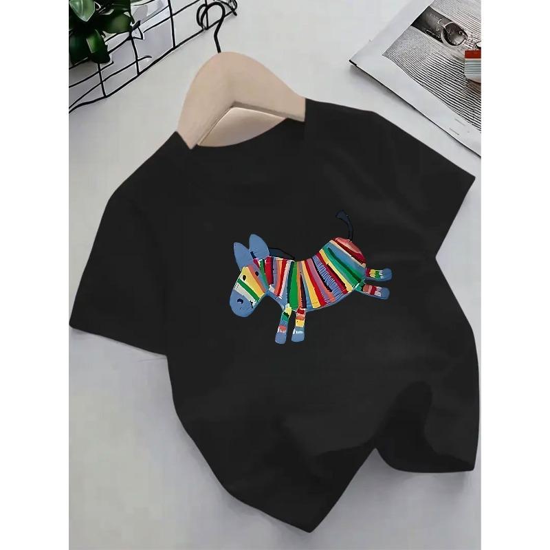 Tailles européennes - T-shirts à manches courtes - Imprimé Zèbre Arc-en-ciel & Animal, Hauts d'été respirants à col rond, Tenue décontractée confortable pour jouer, Doux comme du coton, Confortable pour les enfants