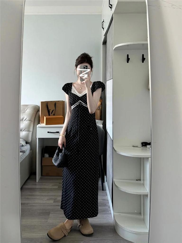 French Coffee Break Temperament Long Dress Women's Summer New Design Feeling Waist Thin Black Polka Dot Dress