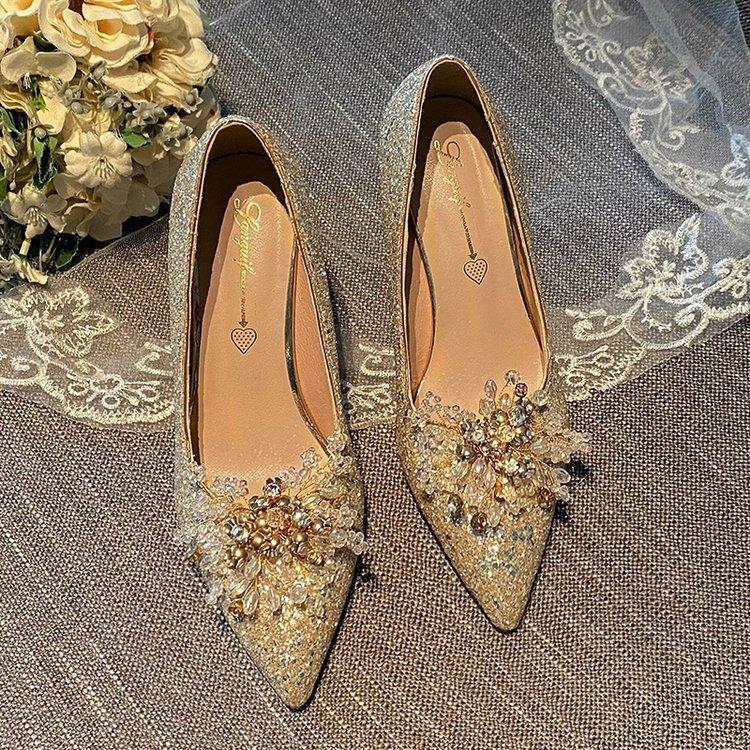 Champagne Gold Two in One Thin High-heeled Bridal Wedding Shoes Crystal Shoes Wedding Dress High Heels Women's Pumps