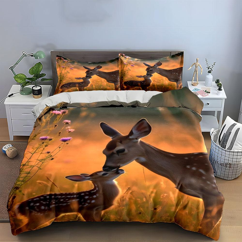 Deer Themed Decor Set Soft Skin-Friendly Bedding Set Includes 1 Duvet Cover And 2 Pillowcase Gift
