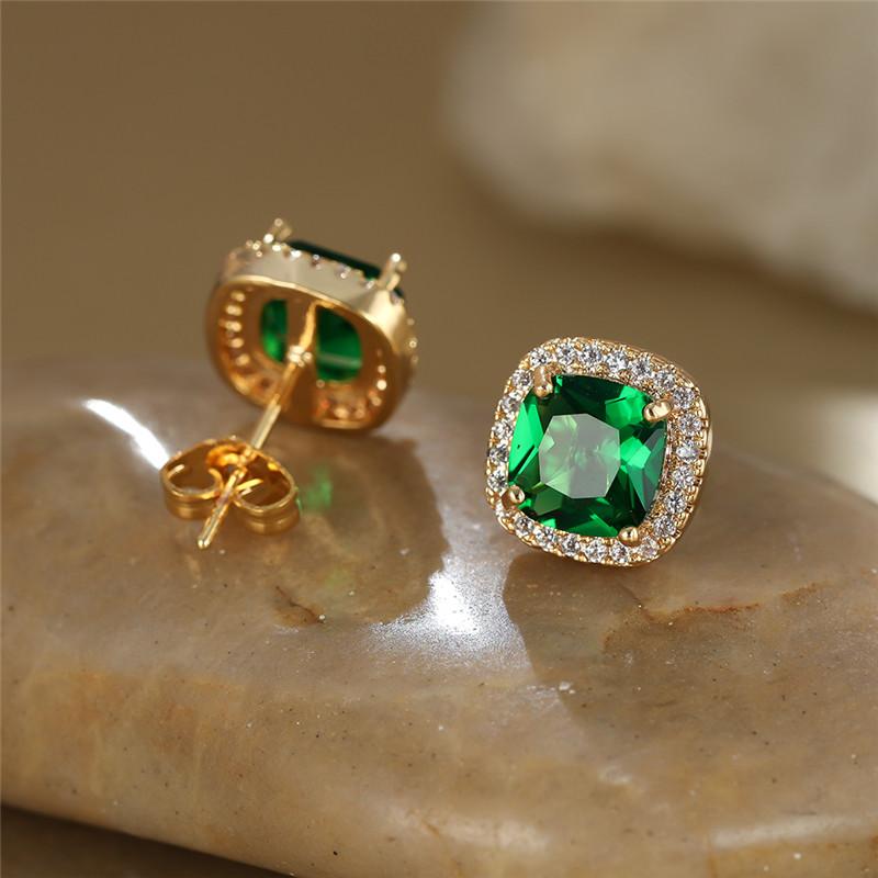 Female Luxury Green Crystal Zircon Stone Stud Earrings Vintage Gold Color Wedding For Women