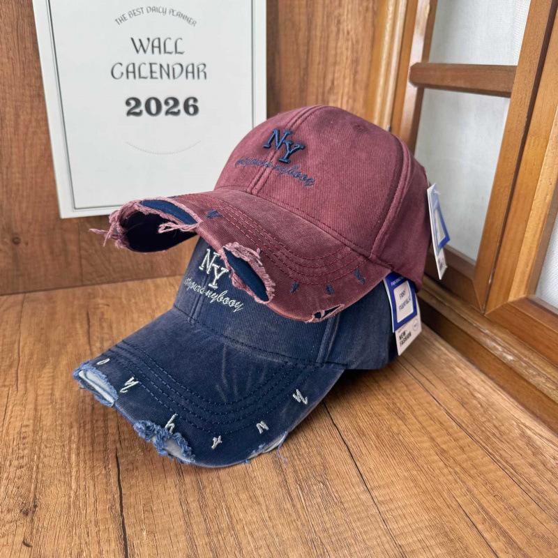 High cranial top plain baseball cap women washed old rough edge NY three-dimensional embroidery baseball cap versatile broken brim sun hat