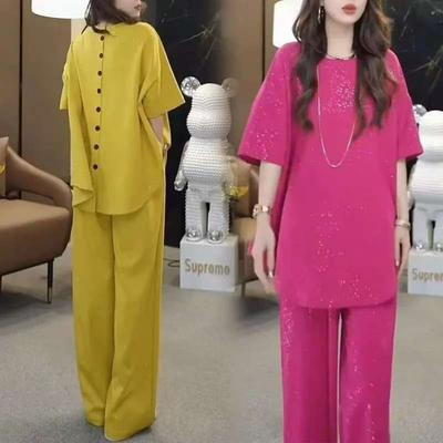 Summer Plus Size Women's Loose Temperament Fashion Suit Sequined Short-sleeved T-shirt High Waist Wide-leg Trousers Two-piece Suit