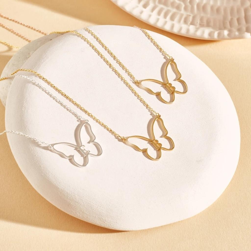 Jeshayuan Custom Initial Necklace with Butterfly Stainless Steel Letter Necklace Personalized Butterfly Jewelry for Women