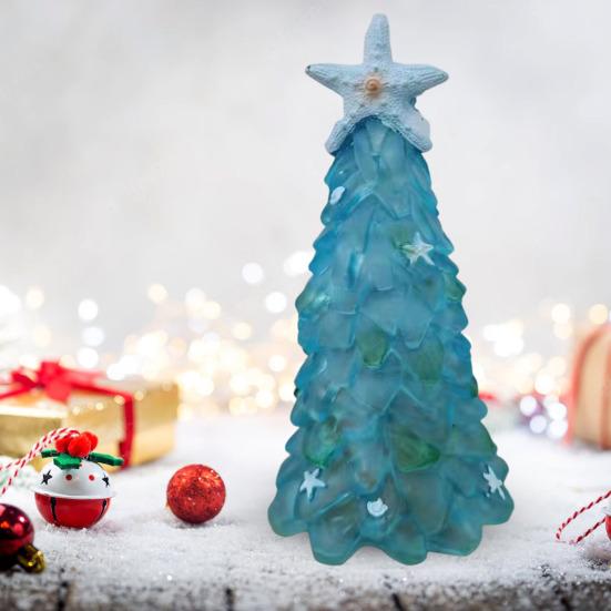 Seaglass Christmas Tree Decoration Blue Green Sea Glass Starfish Shell Ocean-themed Xmas Tree Figurine Holiday Resin Tree Desktop Ornament