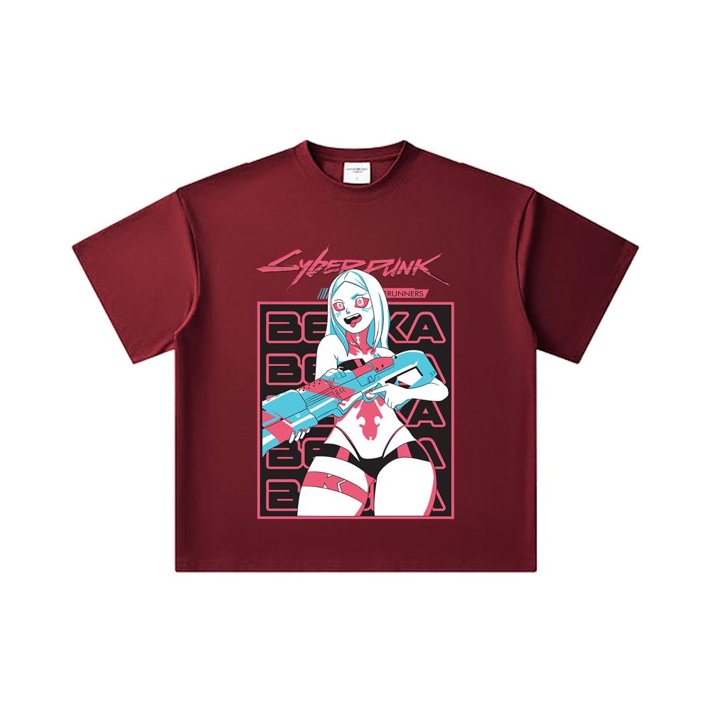 

260 GSM Double Yarn 32 Count 100% Cotton Cyberpunk Edgerunners V3 Rebecca Print Unisex Heavy Cotton T Shirt 2XL вина червоного кольору