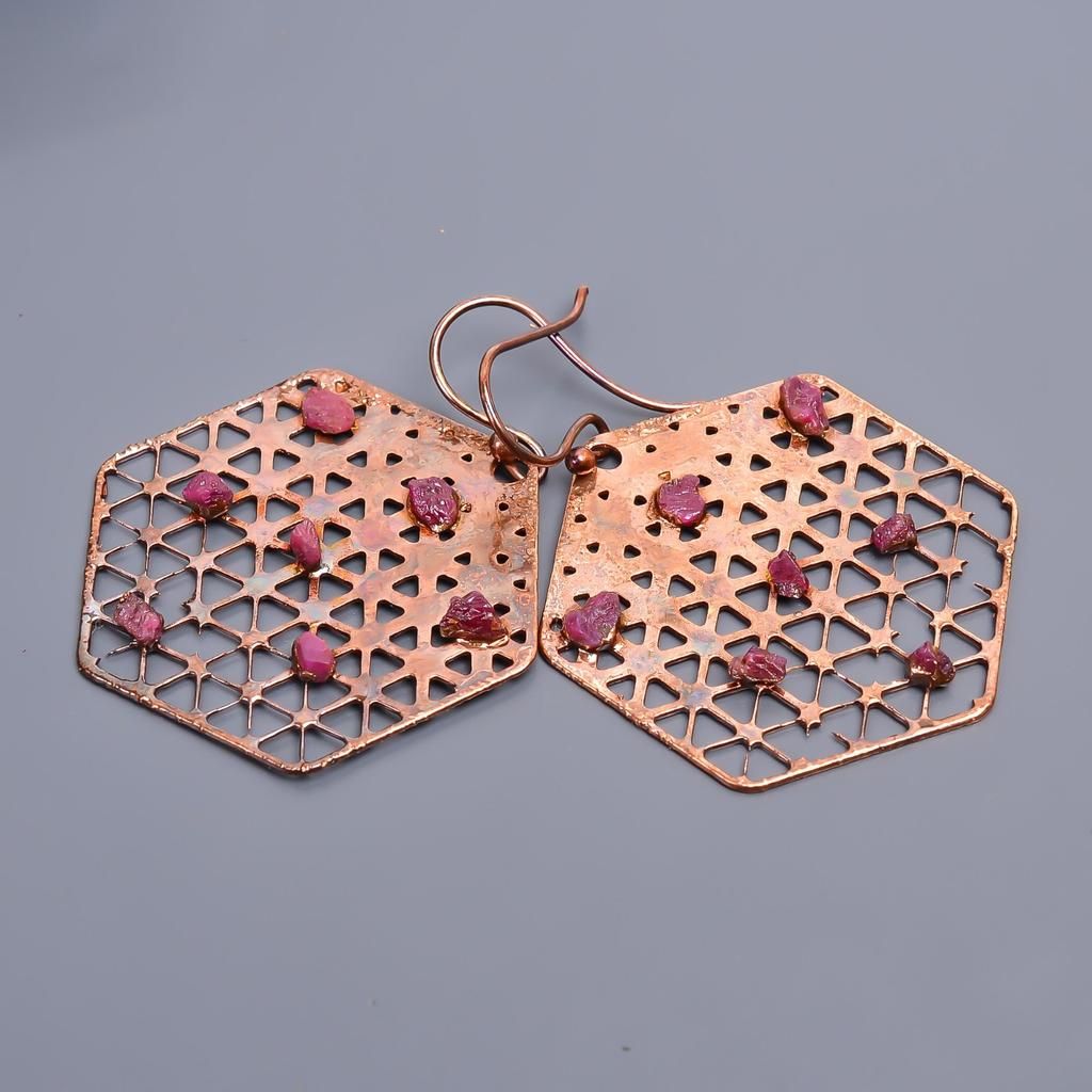 Pink Ruby Stone Copper Drop Dangle Electroformed Friend Gift Earrings Jewelry V-45