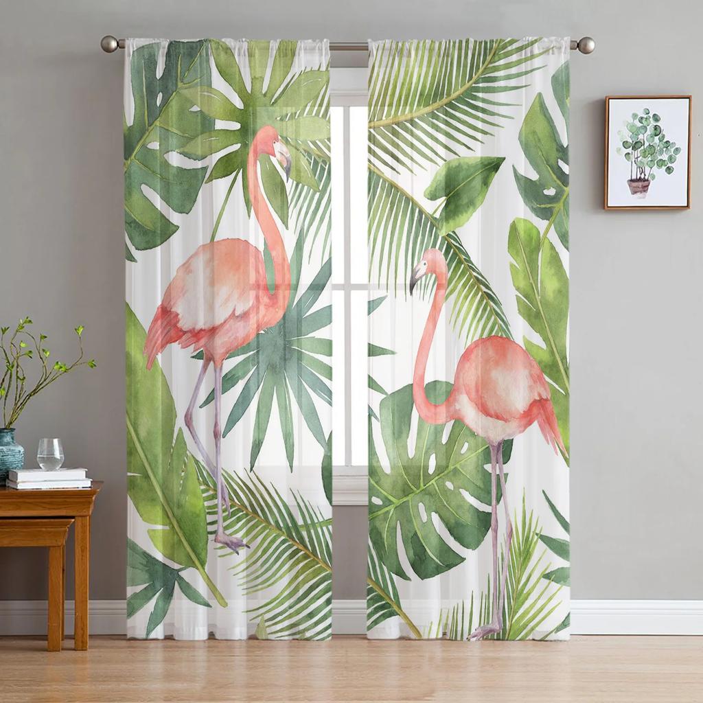 Flamingo Tropical Plant Flower Tulle Curtains Living Room Bedroom Kitchen Window Treatment Chiffon Curtain Blinds Light Filtering Polyester Great