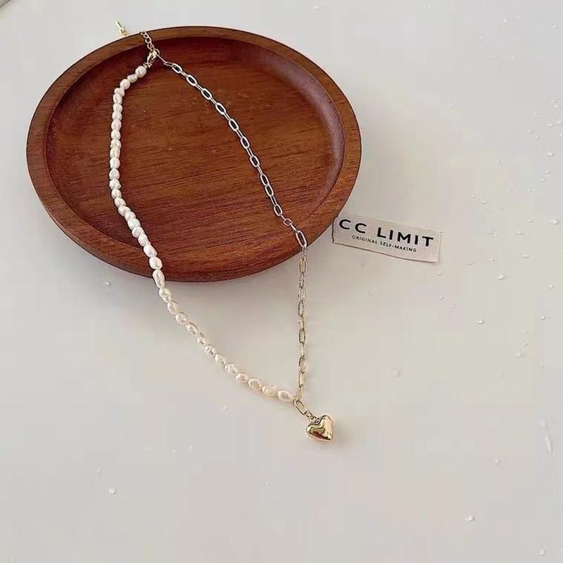 Design Sense Pearl Asymmetrical Splicing Clavicle Chain Metal Chain Love Pendant Necklace Female Explosion