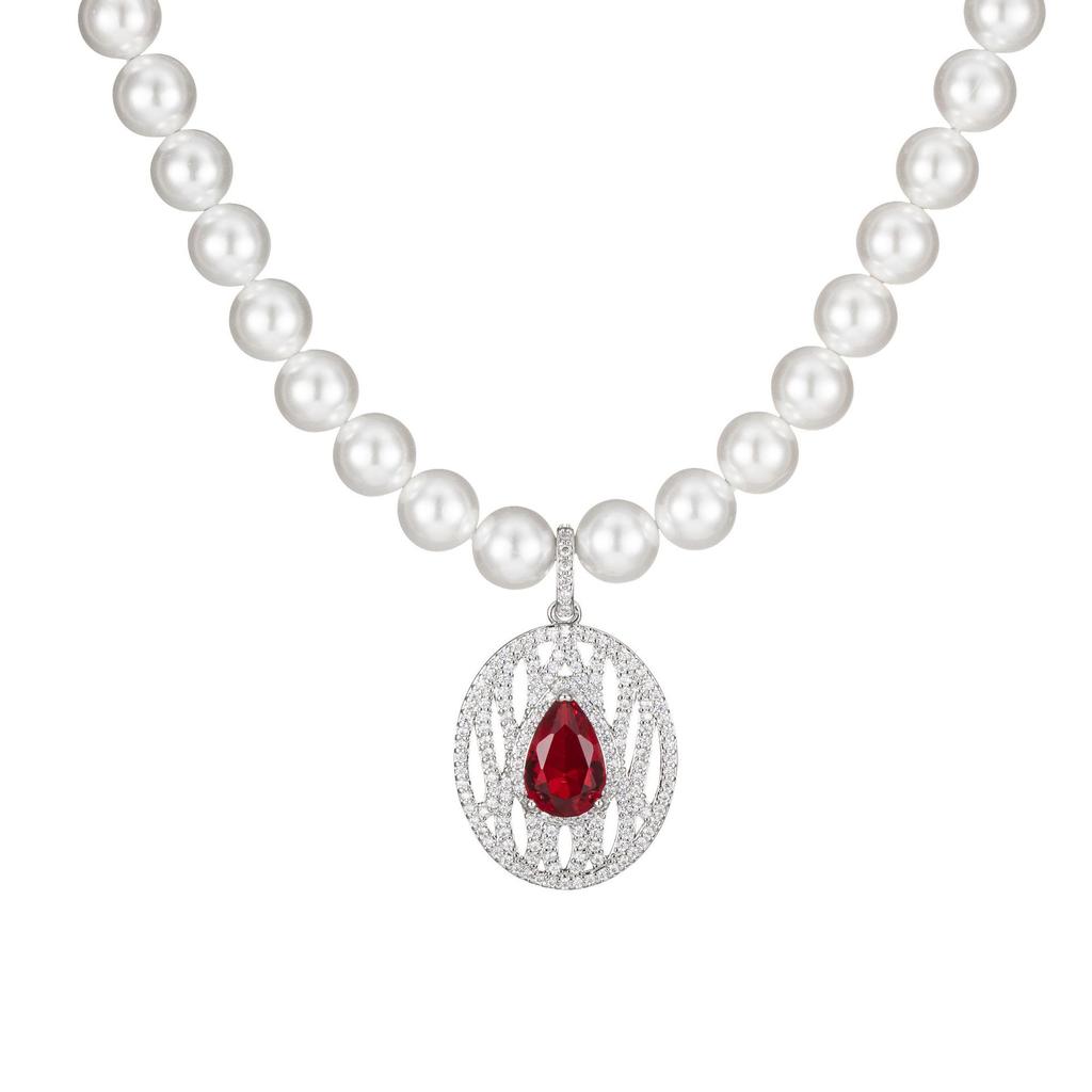 Elegant And Retro Pearls Necklace High-End Exquisite Diamonds Inlay Hollow Out Oval Water Dropl Emerald Pendant Banquet Jewelry