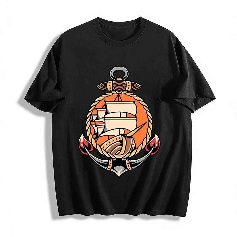 Vintage Anchor Sailboat Print Tee Nautical Style Casual Loose Top Pure cotton T-shirt XXS
