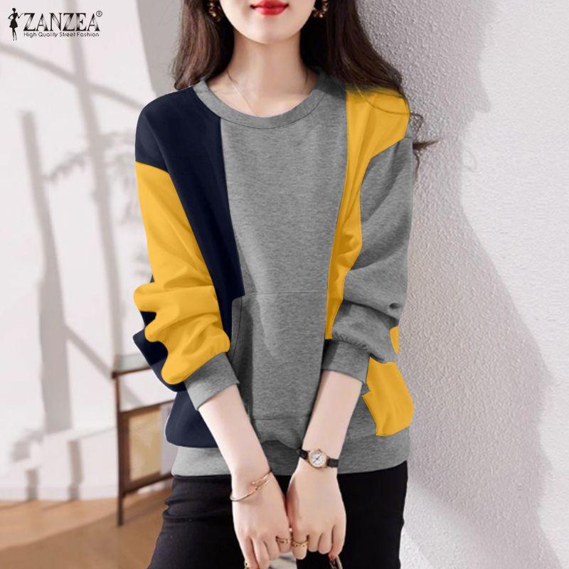 ZANZEA Women Casual Round Neck Patchwork Autumn Long Sleeve Sweatshirt