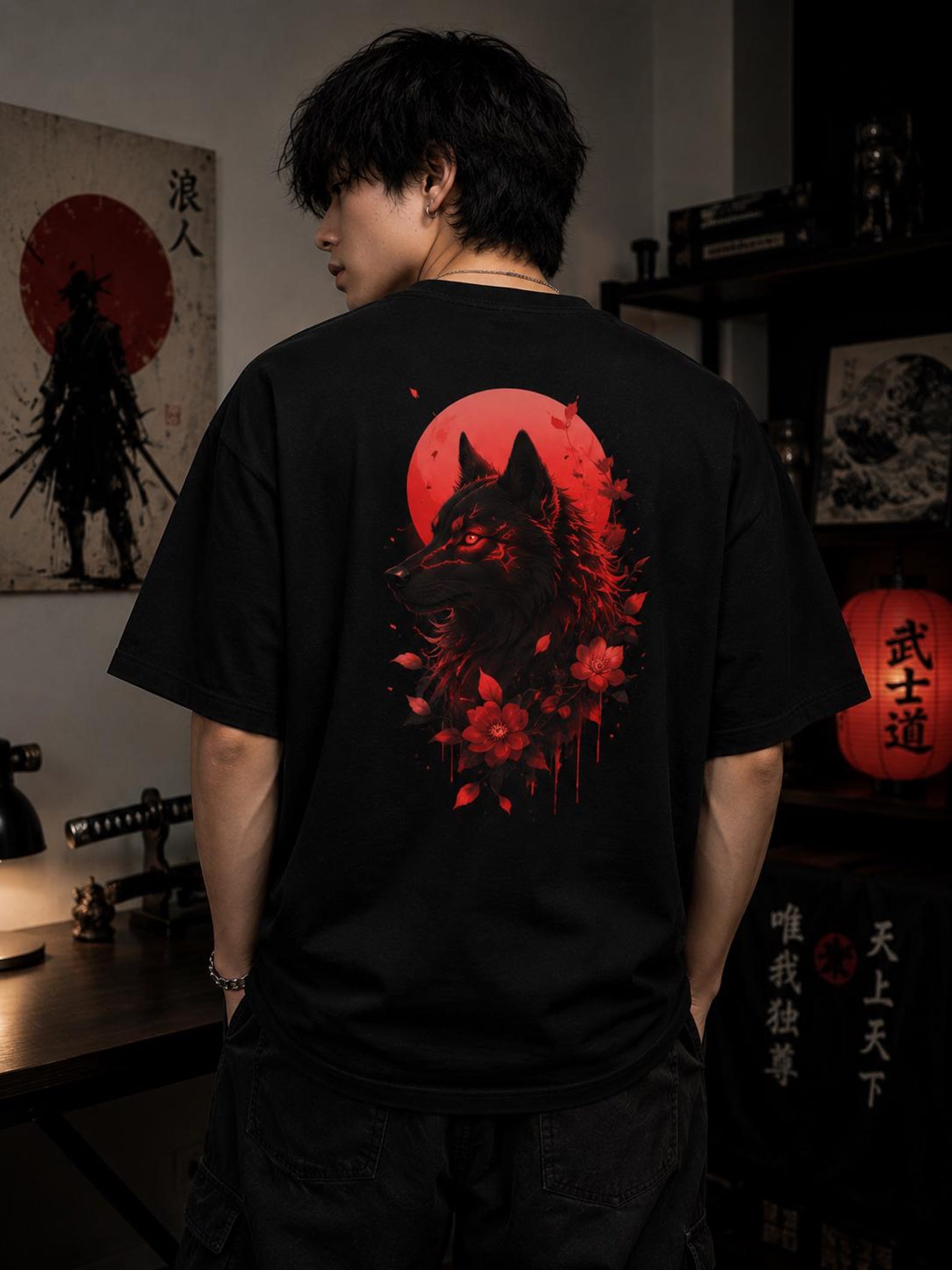 Japanese Wolf T Shirt, Red Moon Wolf Graphic, Anime Streetwear Shirt, Japanese Aesthetic Clothing, Gothic Wolf Shirt, Higanbana Flower Tee S