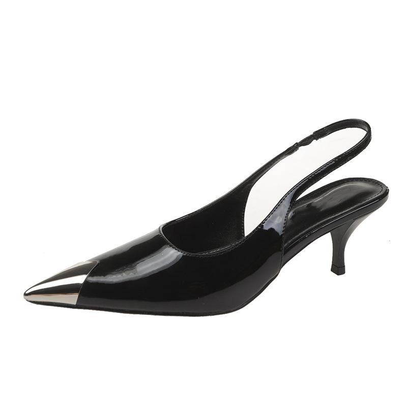 Black High Heels Women's Design Sense 2024 Summer New Korean Version French Pointed Line Single Shoes Metal Bag Head Sandals