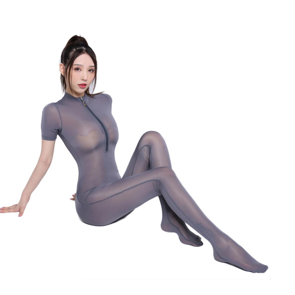 Zipper Open Crotch Sexy Leotard Sheer See Through Bodysuits Oil Glossy Shiny Silky Tights Smooth Yoga Dance Jumpsuits Elastic