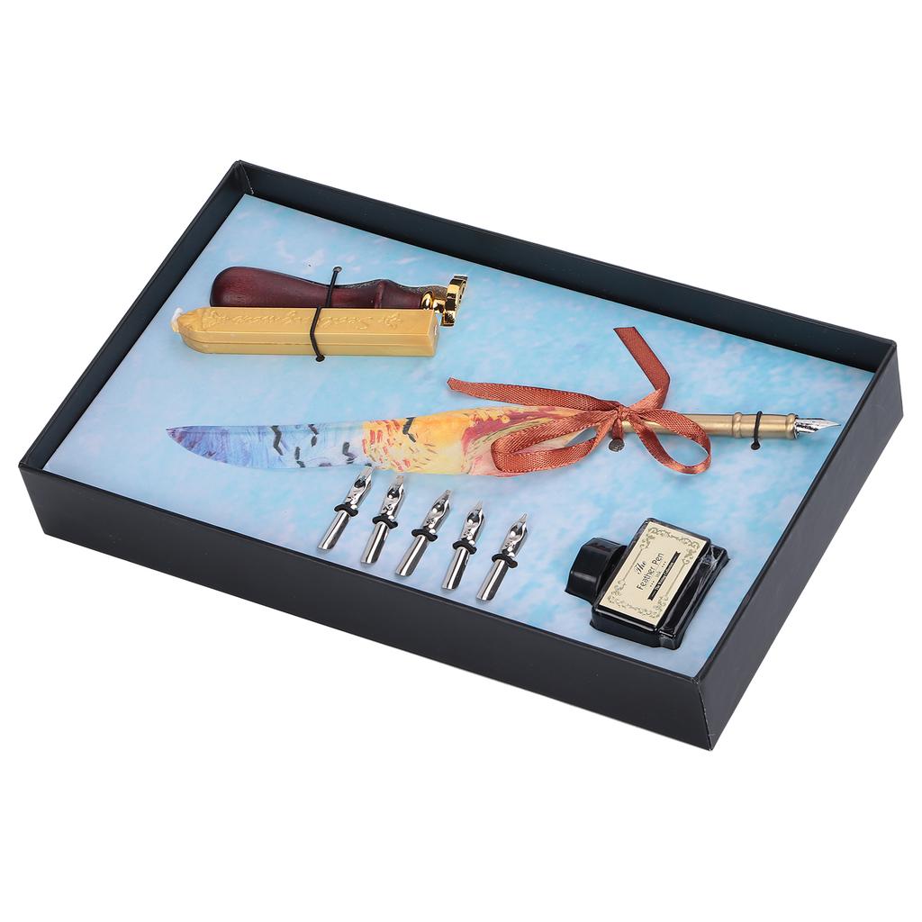 Feather Pen Dip Art Calligraphy Retro Vintage Quill Gift Box Kit with Lacquer Stamp Tool