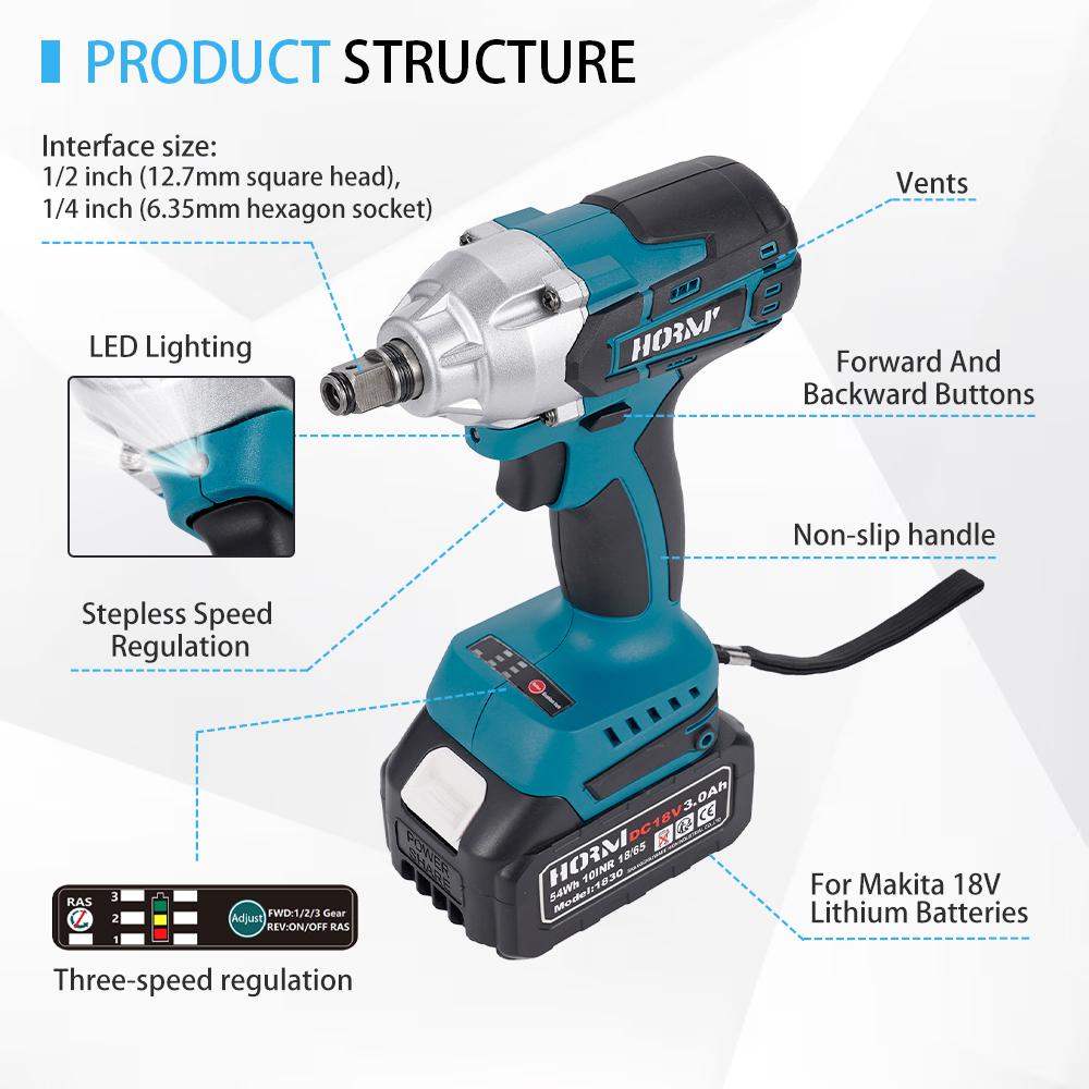 1/2 Inch Brushless Electric Impact Wrench 380 N.m Cordless Screwdriver Compatible Electric Wrench Power Tools For Makita Battery