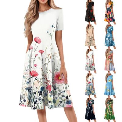 Lockeres, lässiges und modisches Damenkleid mit Rundhalsausschnitt, kurzen Ärmeln und Print in mittlerer Länge