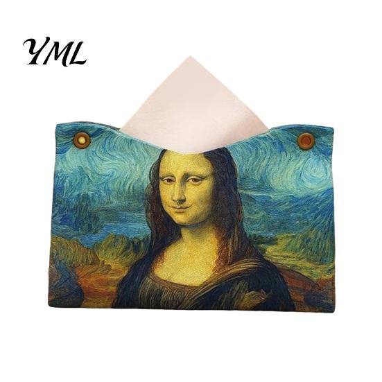 Compact Tissue Case Leather Box Cover, Foldable Desktop Organizer, Oil Painting Style Napkin Holder Case, Decorative Paper Dispenser Facial Organizer