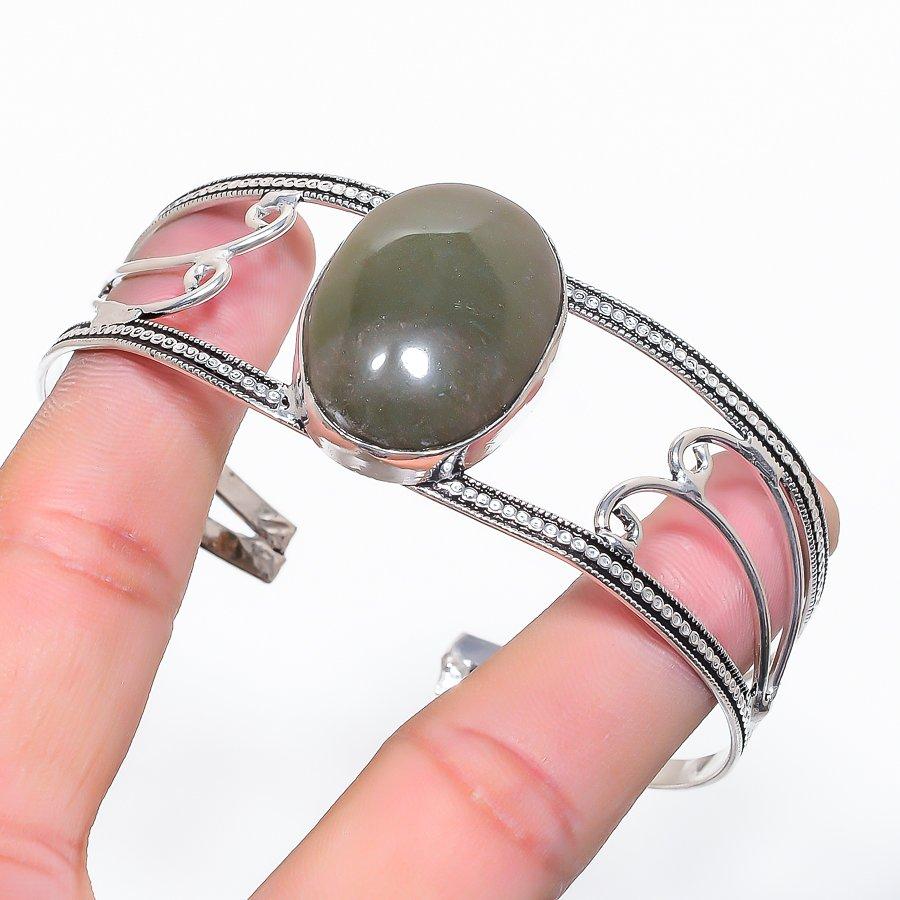 Natural Nephrite Gemstone 925 Sterling Silver Cuff Bangle Adjustable E4b12