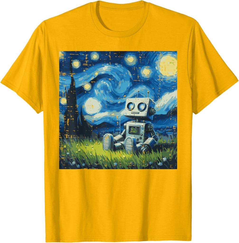 Starry Night Robot Graphic Tee Cotton Round Neck Casual TShirt Art Painting Print Tops for Men Women