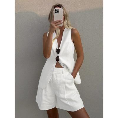 Cotton Linen Chic Casual Vest Shorts Set Women's Fashion Commuter Sleeveless Tank Top Loose Shorts Suits