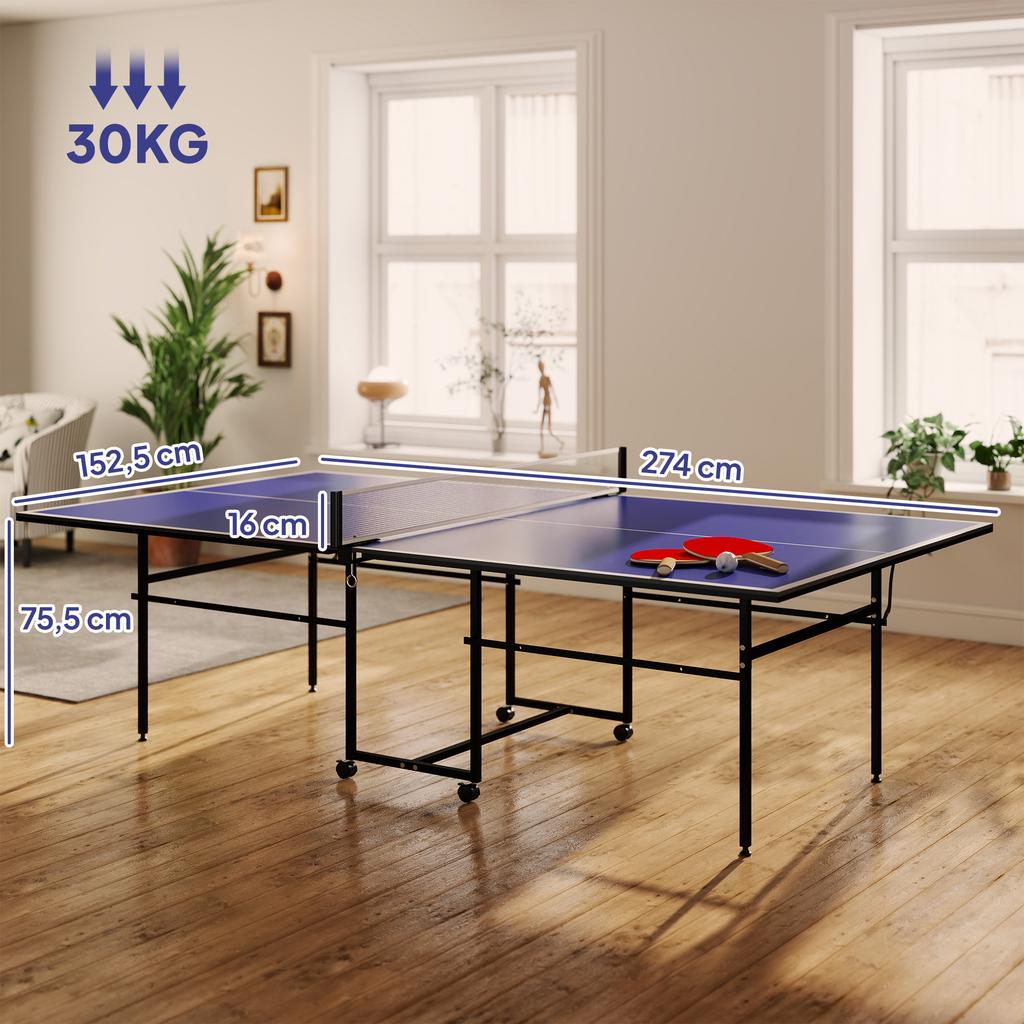 9FT Folding Table Tennis Table with Four Wheels, for Indoor Use, Blue