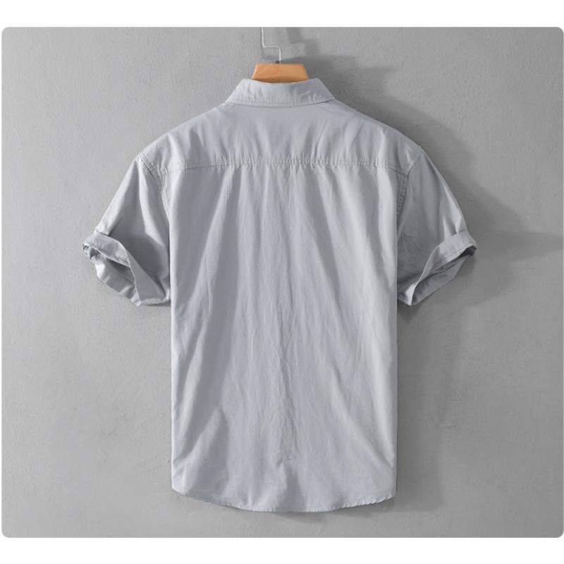 Summer Men's Casual Shirt Daily Pure Cotton Short Sleeve Shirt Lapel Collar Solid Color Double Pockets Shirt Youth Simple Style Men Clothing