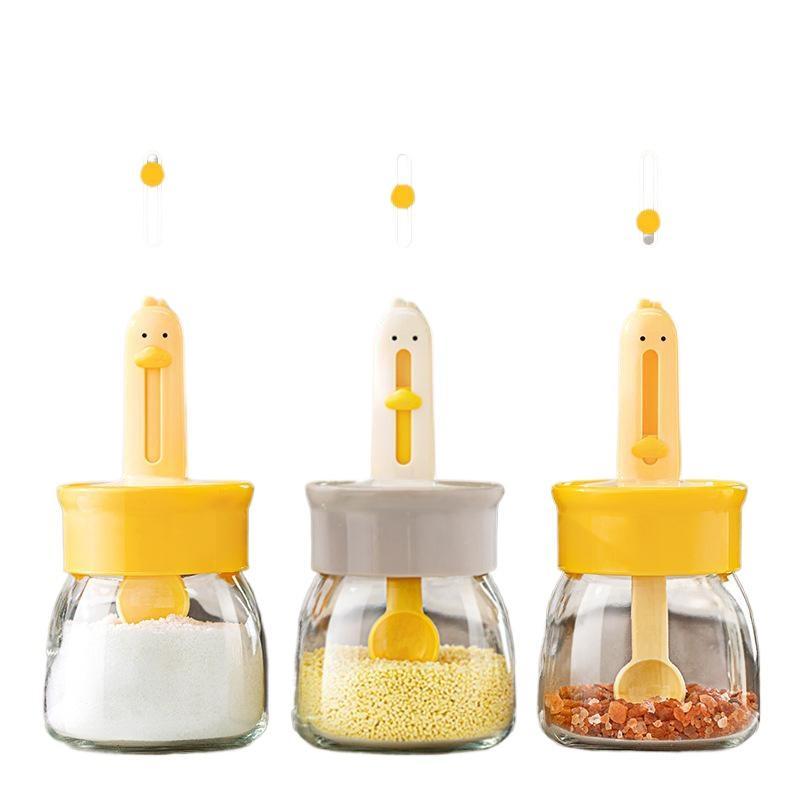 330ml Glass Seasoning Bottle With Cartoon Duck Telescopic Spoon Household Kitchen Salt Storage Box Leak Proof Moisture-proof