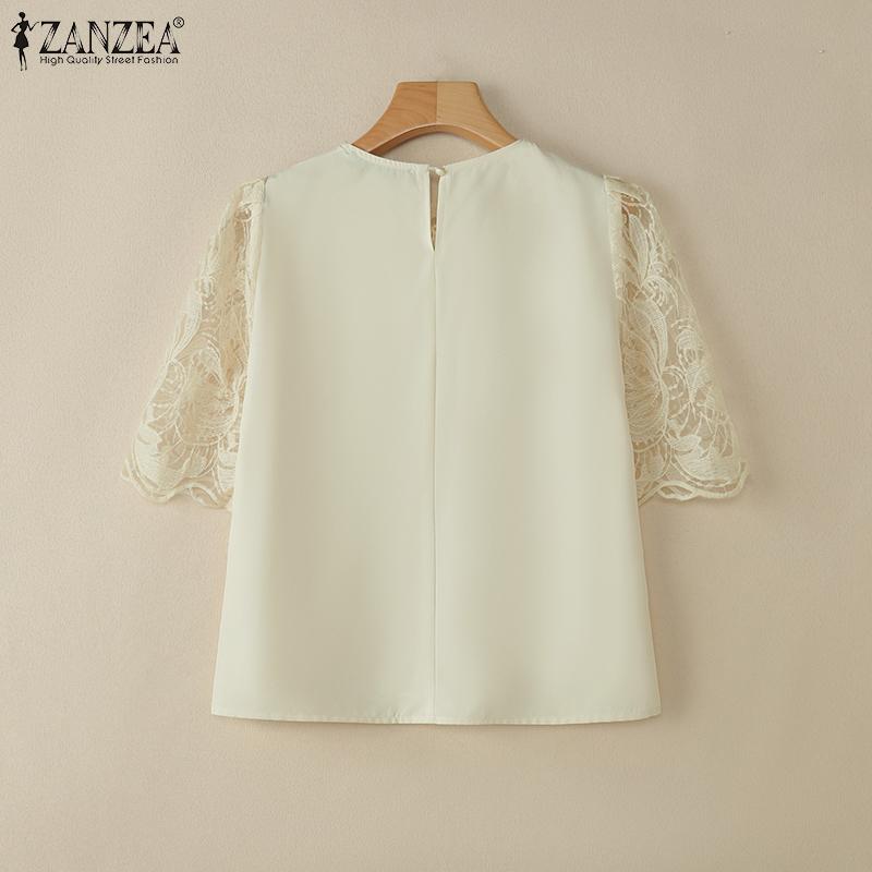 ZANZEA Damen Casual Lace Patchwork Sommer Kurzarm Bluse