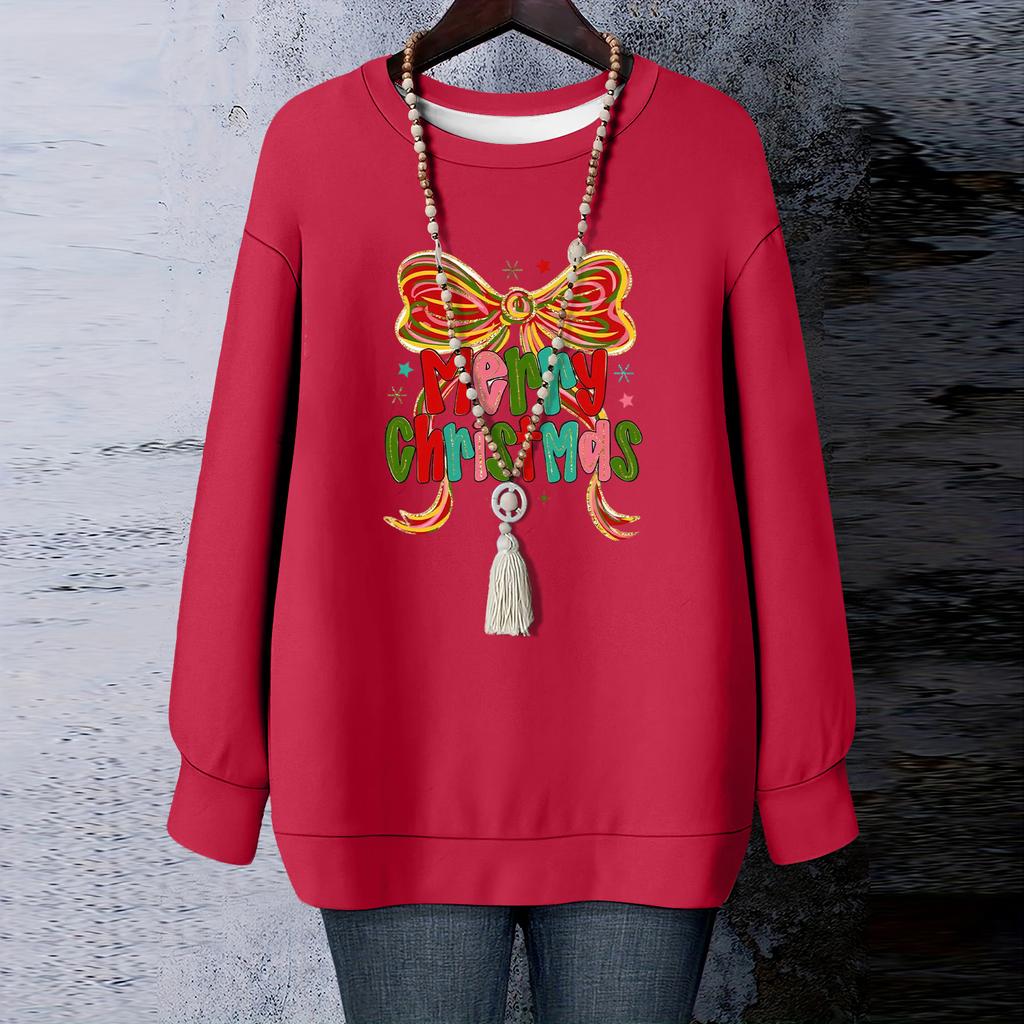 Ladies' Christmas Printed Round Neck Long Sleeved T-shirt Sweatshirt Top