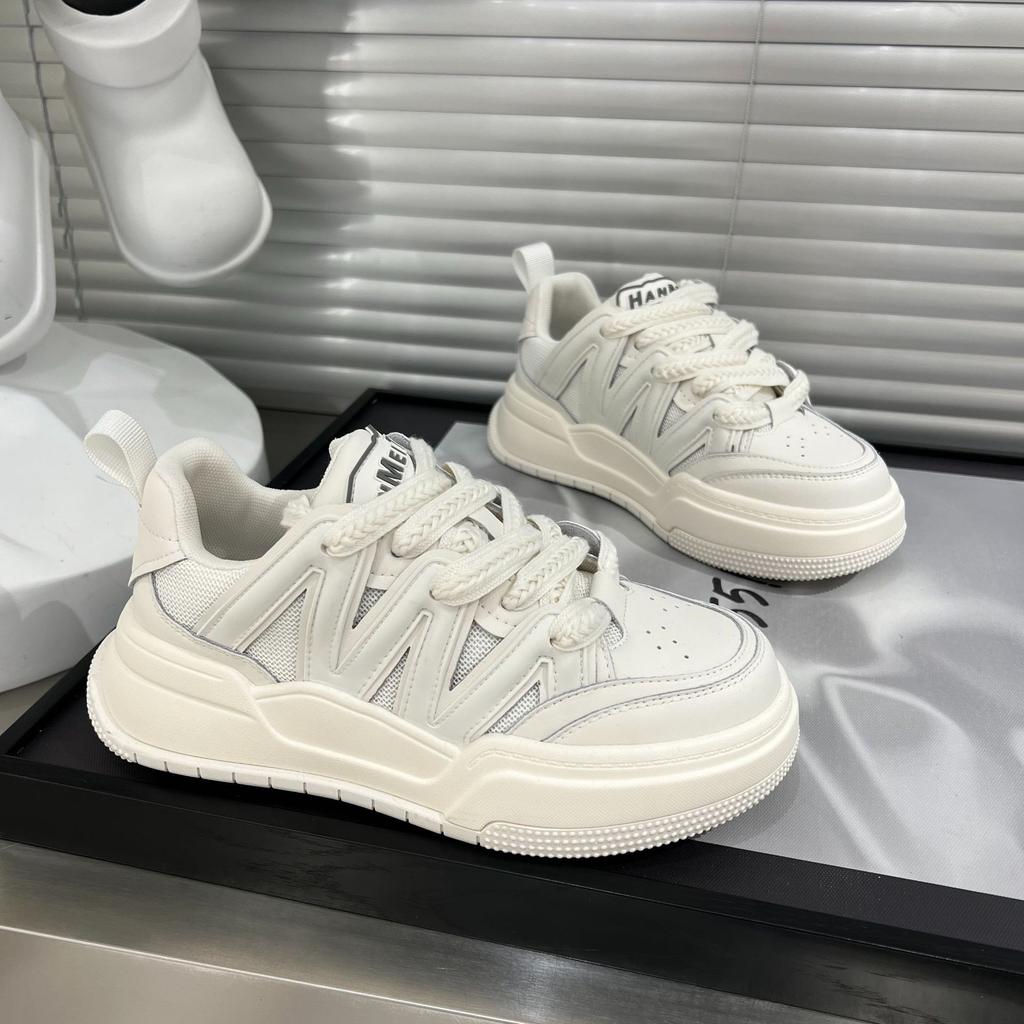 Internet Celebrity Leather Thick Baseplate Shoes White Shoes Women's Round Head Lace-up Flat Bottom Color Matching Bread Shoes Sports and Leisure Sho