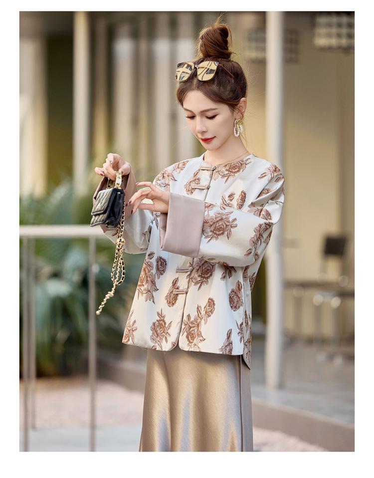 Women's 2025 Spring Floral Frog Button Jacket - Round Neck, Loose Fit, Chinese National Style