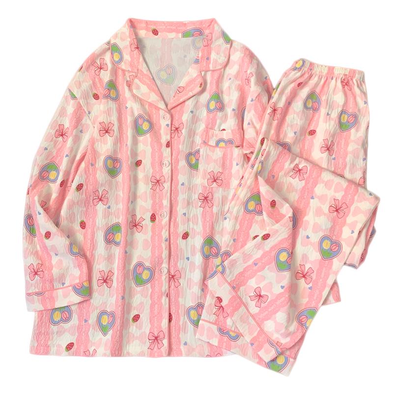 Pink Cloud Striped Long-Sleeve Pajamas: Cozy Cotton Set for Spring and Autumn.
