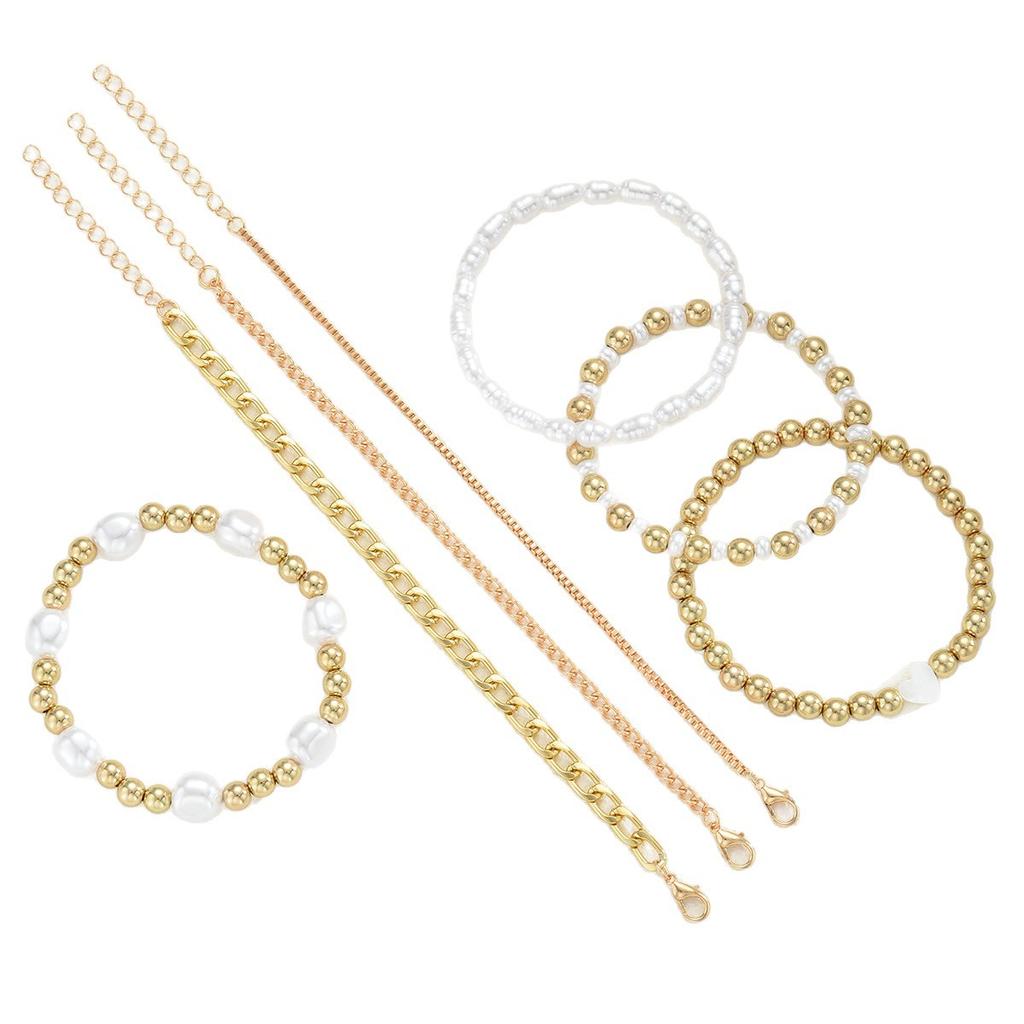 7 Stück/Set Elegantes Boho Perlenarmband-Set für Damen Vintage Einfache Goldfarbe Imitation Perle Herzarmbänder Dating Schmuck