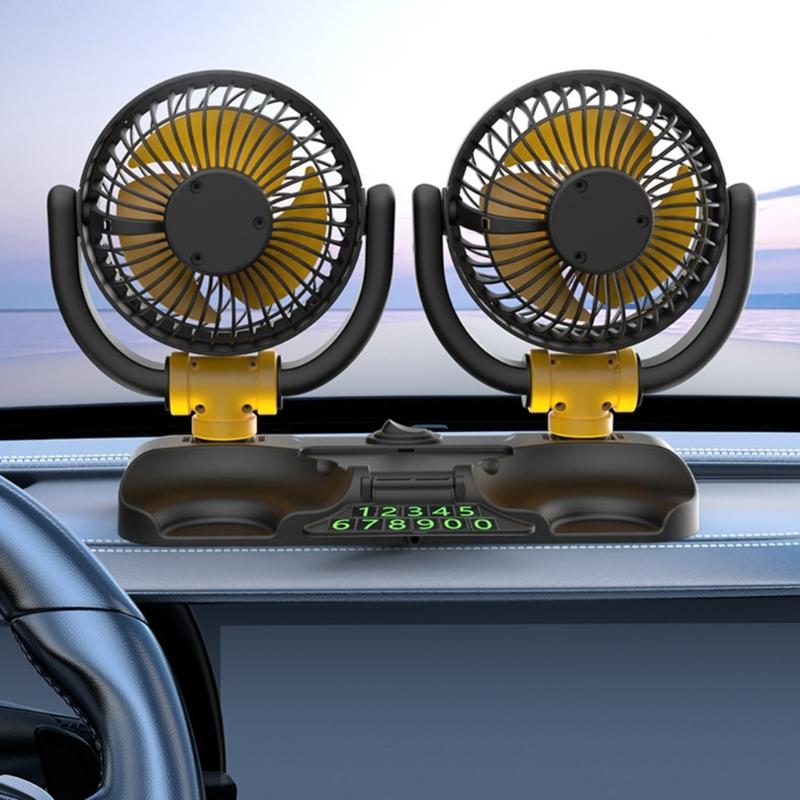 Ventilátor do auta USB/12V/24V ventilátor do auta s 2 rychlostmi, 360° otočný dvouhlavý ventilátor, elektrický ventilátor do auta se silným větrem
