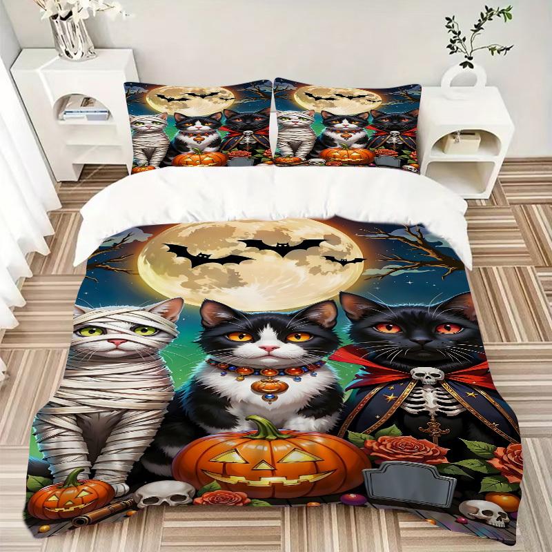 3pcs Halloween Cats Duvet Cover Set, Cover For Bedroom Guest Room (1 Duvet Cover + 2 Pillowcase, Without Quilt),  yy250922130