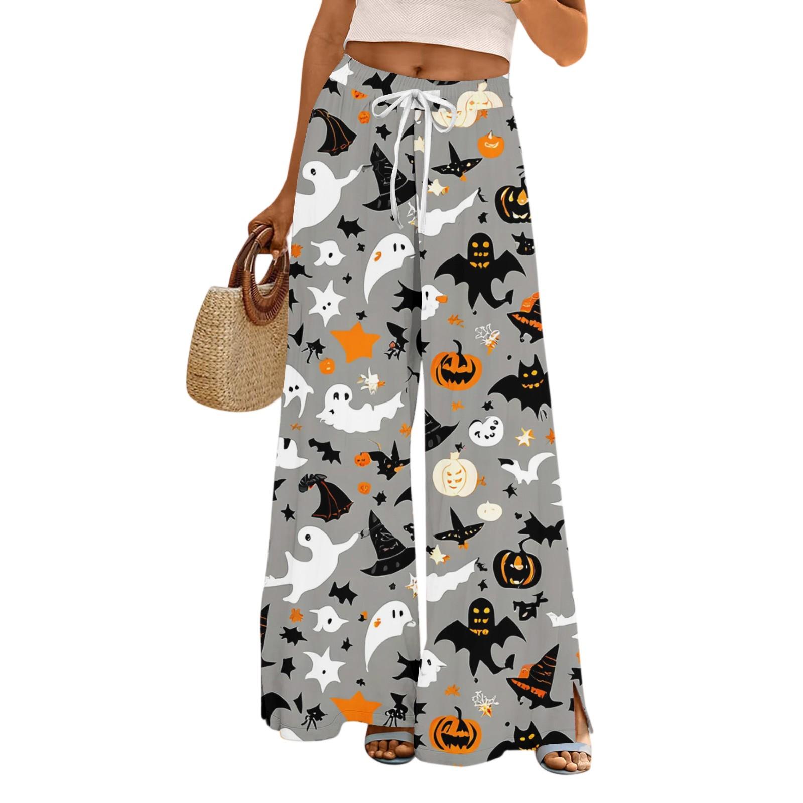 

Women s Halloween Printed Wide Leg Pants With Pockets High Waist Drawstring Loose Casual Pants L білий