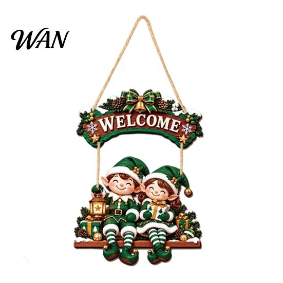 Festive Room Decoration for Holiday Wooden Christmas Welcome Sign, Front Door Hanging Rustic Gift Friends And Family Wall Decor with Elk/Santa