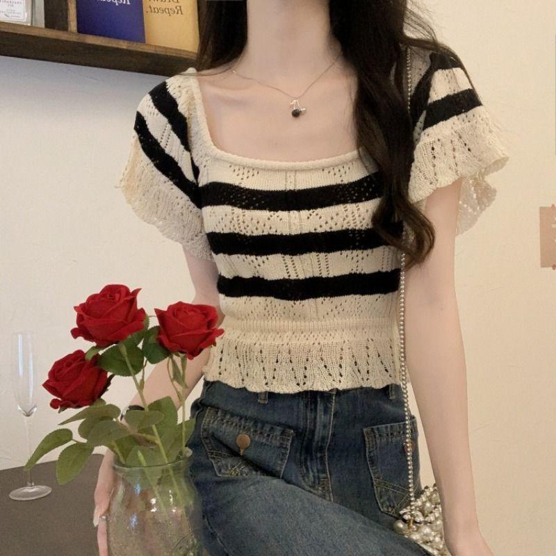 French Hollowed Out Knitted Sweater with Unique Style Square Neck Ice Silk Striped T-shirt for Women Summer Tight Fitting Short Style